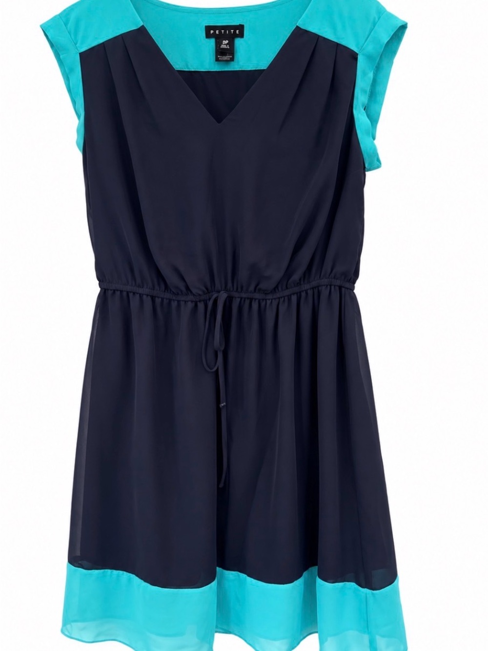 Petite Navy and Teal Colorblock V-Neck Drawstring Top